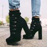 Women Flock Rivet Square High Heels Ankle Boots