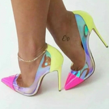 Iridescent Pointed Toe Patchwork Patent Leather Stiletto Heel Pumps