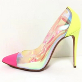 Iridescent Pointed Toe Patchwork Patent Leather Stiletto Heel Pumps