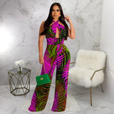 Tropical Print Halter Strap Backless Sleeveless Jumpsuit