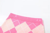 Knitted  Ribbed Pink Plaid Women's Set