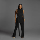 High Slit Solid Turtleneck Tank And Long Flare Pants 2 Piece Set