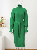 Women's Knitted Turtleneck Lantern Sleeve Midi Dress