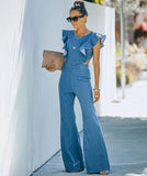 Cloche Ruffle Sleeveless Denim Jumpsuit