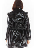 Women Casual Patent Leather Hooded Trench Coat