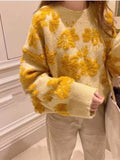 Women's Vintage Flower Stitching Yellow Knitted Sweater