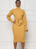 Women's Knitted Turtleneck Lantern Sleeve Midi Dress