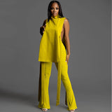 High Slit Solid Turtleneck Tank And Long Flare Pants 2 Piece Set