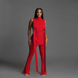 High Slit Solid Turtleneck Tank And Long Flare Pants 2 Piece Set