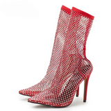 Crystal Rhinestone Mesh Stretch Fabric Women's Sock Boots