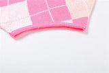 Knitted  Ribbed Pink Plaid Women's Set