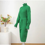 Women's Knitted Turtleneck Lantern Sleeve Midi Dress