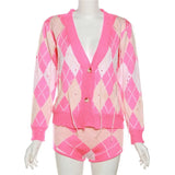 Knitted  Ribbed Pink Plaid Women's Set