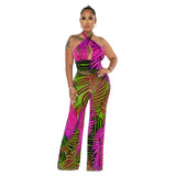 Tropical Print Halter Strap Backless Sleeveless Jumpsuit