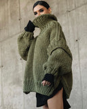 Solid Knit Turtleneck Double Lantern Sleeve Women Pullover