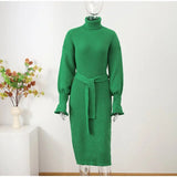 Women's Knitted Turtleneck Lantern Sleeve Midi Dress