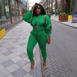 Women Green Personality Long Sleeve Tops Two Pieces Set