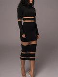 Women Sheer Mesh Patchwork Mock Neck Midi Dress