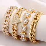 Iced Out Crystal Heart Tennis Chain Miami Cuban Link Chain Bracelet