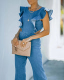 Cloche Ruffle Sleeveless Denim Jumpsuit