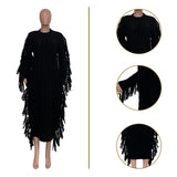 Women Long Sleeve Tassel Midi Knit Straight Maxi Dress