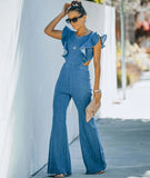 Cloche Ruffle Sleeveless Denim Jumpsuit