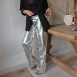 Faux Leather Silver High Waisted Women's Pants