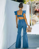 Cloche Ruffle Sleeveless Denim Jumpsuit