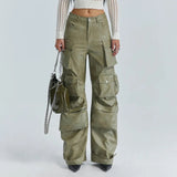 Women's High Waist Loose Leather Cargo Pants