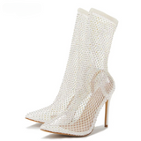 Crystal Rhinestone Mesh Stretch Fabric Women's Sock Boots