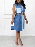 Denim Sleeveless Colorblock Button Down Shirt Dress