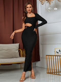 Women's One Shoulder Long Sleeve Hollow Out Maxi Dress