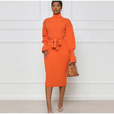 Women's Knitted Turtleneck Lantern Sleeve Midi Dress