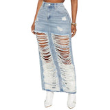 Women's High Waist Tear Long Denim Skirt