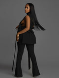 High Slit Solid Turtleneck Tank And Long Flare Pants 2 Piece Set