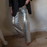 Faux Leather Silver High Waisted Women's Pants