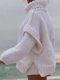 Solid Knit Turtleneck Double Lantern Sleeve Women Pullover