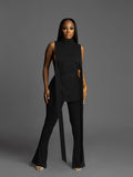 High Slit Solid Turtleneck Tank And Long Flare Pants 2 Piece Set