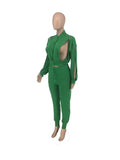 Women Green Personality Long Sleeve Tops Two Pieces Set