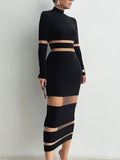 Women Sheer Mesh Patchwork Mock Neck Midi Dress