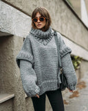 Solid Knit Turtleneck Double Lantern Sleeve Women Pullover