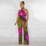 Tropical Print Halter Strap Backless Sleeveless Jumpsuit