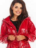 Women Casual Patent Leather Hooded Trench Coat