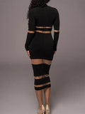 Women Sheer Mesh Patchwork Mock Neck Midi Dress