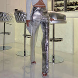 Faux Leather Silver High Waisted Women's Pants