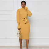 Women's Knitted Turtleneck Lantern Sleeve Midi Dress