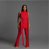 High Slit Solid Turtleneck Tank And Long Flare Pants 2 Piece Set