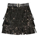 Multi-Layer Short  Heavy Drilling Rhinestones Fringed Skirt