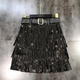 Multi-Layer Short  Heavy Drilling Rhinestones Fringed Skirt