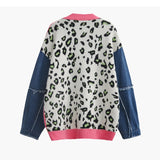 Leopard Letter Denim Sleeve Sweaters